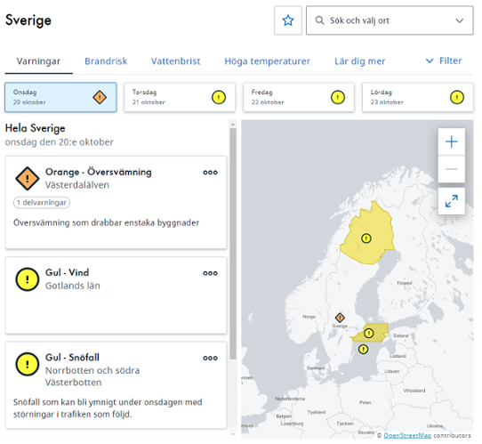 Vädervarning på SMHI:s hemsida